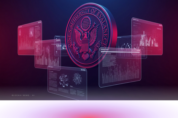 Abstract government seal in rose-purple light surrounded by translucent AI evaluation panels, representing pre-release government review of frontier AI models.