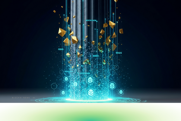 Abstract image of a classical financial column dissolving into glowing blockchain lattice structures against a deep navy background, symbolizing traditional finance integrating with ...