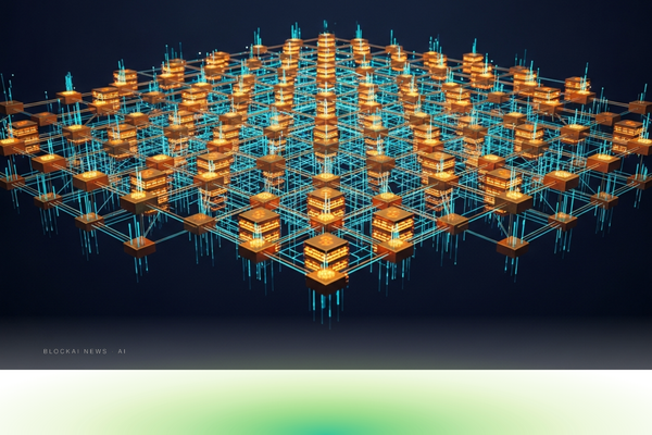 Abstract golden hexagonal network nodes connected by glowing cyan data streams against a deep navy background, representing institutional tokenized asset settlement infrastructure.