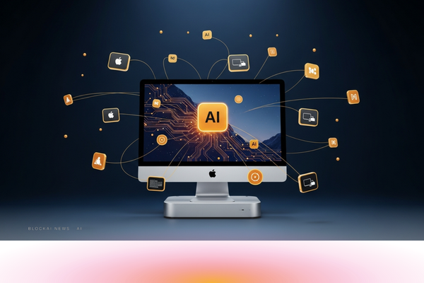 Gleaming Mac mini surrounded by amber-gold AI agent nodes against a deep navy backdrop, representing the AI-driven hardware shortage.