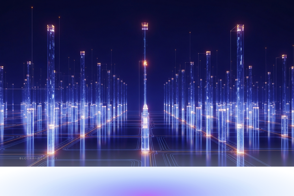 Gleaming European research institute built from luminous data columns with violet-blue and amber accents, representing the SAP-Prior Labs AI acquisition.