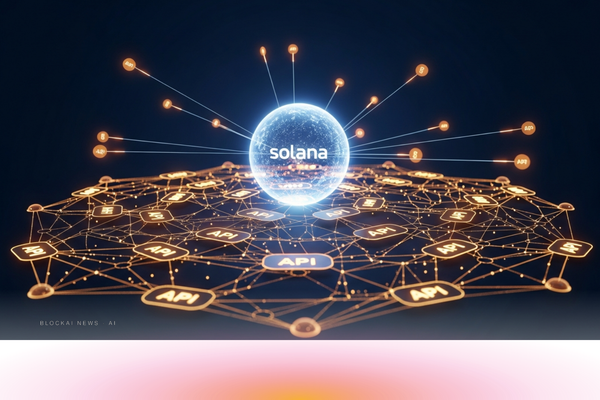 Amber-gold API nodes connecting to a central Solana orb with stablecoin payment beams in a deep navy machine-to-machine network.