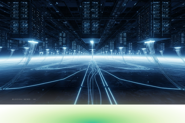 An abstract orbital data center with glowing server racks and fiber-optic cables resembling constellations against a dark space backdrop.