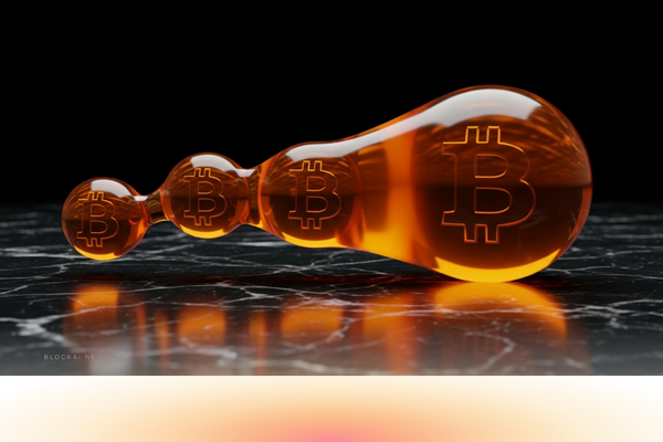 Abstract amber-orange gradient suggesting three sculptural Bitcoin-orange forms converging into one larger unified entity.