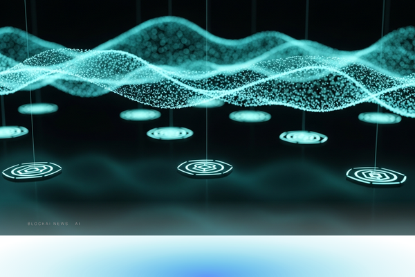 Abstract teal-cyan gradient suggesting a flowing decentralized memory network with cryptographic proof glyphs.